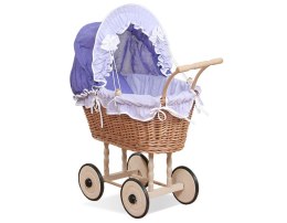 Wiklinowy wózek dla lalek wysoki z fioletową pościelką i wyściółką NATALIA naturalny