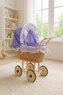 Wiklinowy wózek dla lalek wysoki z fioletową pościelką i wyściółką NATALIA naturalny