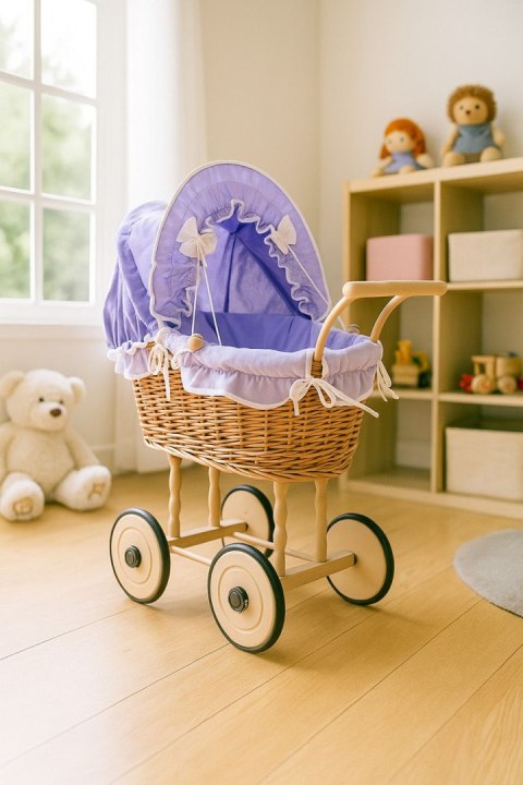Wiklinowy wózek dla lalek wysoki z fioletową pościelką i wyściółką NATALIA naturalny