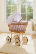 Wiklinowy wózek dla lalek wysoki z fioletową pościelką i wyściółką- naturalny