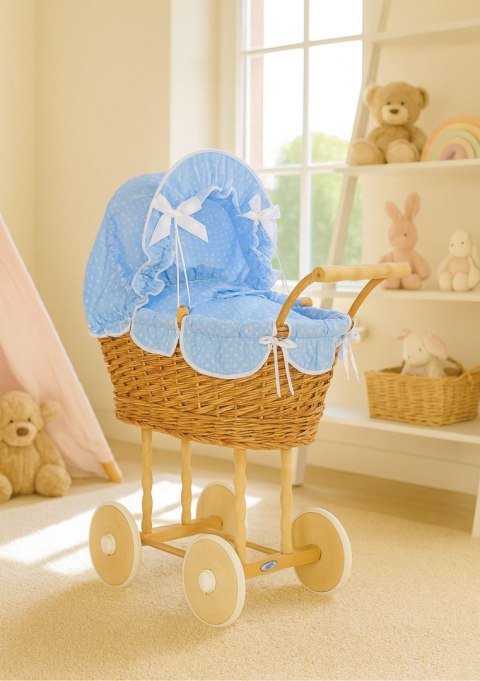 Wiklinowy wózek dla lalek wysoki z niebieską pościelką i wyściółką- naturalny