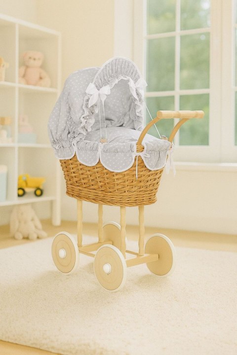 Wiklinowy wózek dla lalek wysoki z szarą pościelką i wyściółką- naturalny