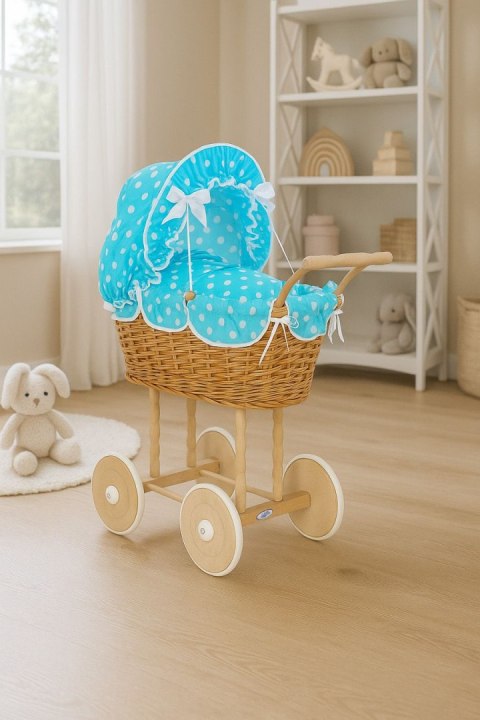 Wiklinowy wózek dla lalek wysoki z turkusową pościelką i wyściółką- naturalny
