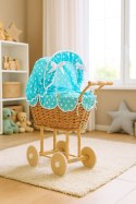 Wiklinowy wózek dla lalek wysoki z turkusową pościelką i wyściółką- naturalny