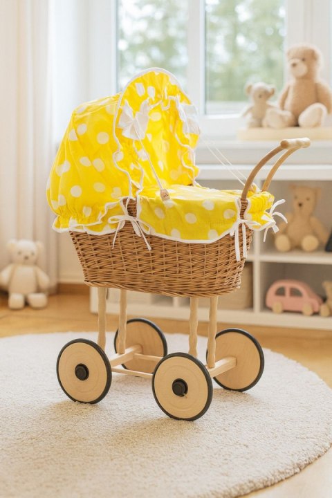 Wiklinowy wózek dla lalek wysoki z żółtą pościelką i wyściółką- naturalny