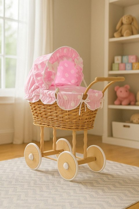 Wiklinowy wózek dla lalek wysoki z różową pościelką i wyściółką- naturalny