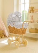 Wiklinowy wózek dla lalek wysoki z szarą pościelką i wyściółką- naturalny