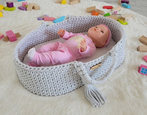 Kosz Mojżesza BOHO bawełniany nosidełko dla lalek z drewnianą kołyską - jasny szary