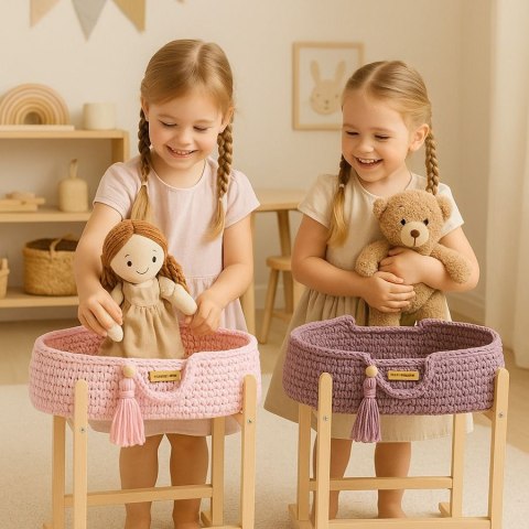 Kosz Mojżesza BOHO bawełniany nosidełko dla lalek z drewnianą kołyską - różowy