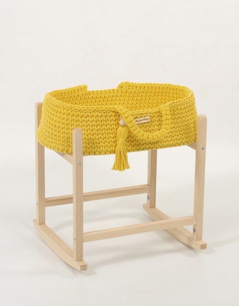 Kosz Mojżesza BOHO bawełniany nosidełko dla lalek z drewnianą kołyską - żółty