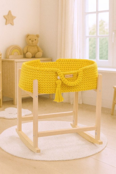Kosz Mojżesza BOHO bawełniany nosidełko dla lalek z drewnianą kołyską - żółty