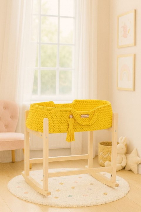 Kosz Mojżesza BOHO bawełniany nosidełko dla lalek z drewnianą kołyską - żółty