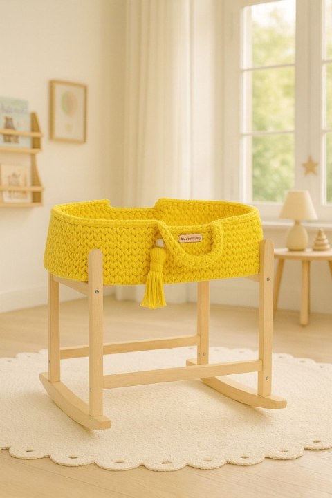 Kosz Mojżesza BOHO bawełniany nosidełko dla lalek z drewnianą kołyską - żółty
