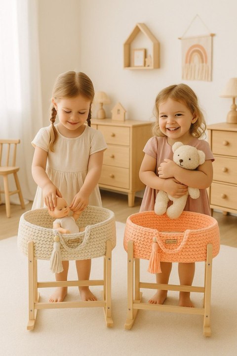 Kosz Mojżesza BOHO bawełniany nosidełko dla lalek z drewnianą kołyską - brzoskwinia