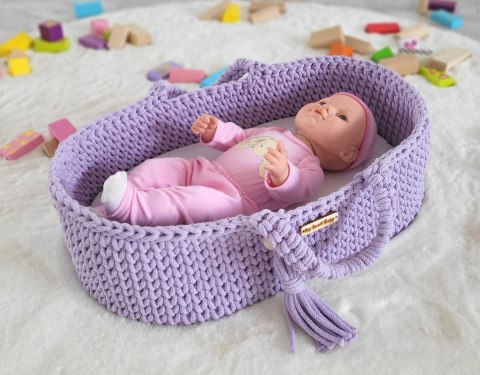 Kosz Mojżesza BOHO bawełniany nosidełko dla lalek z drewnianą kołyską - fioletowy