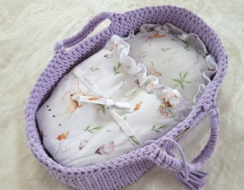 Kosz Mojżesza BOHO bawełniany nosidełko dla lalek z drewnianą kołyską - fioletowy