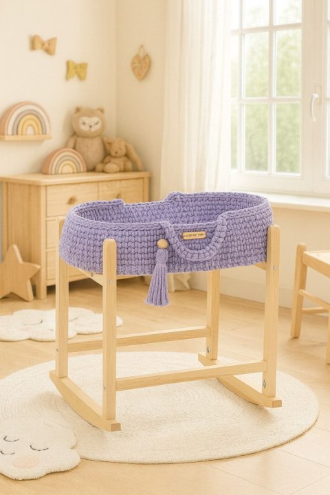 Kosz Mojżesza BOHO bawełniany nosidełko dla lalek z drewnianą kołyską - fioletowy