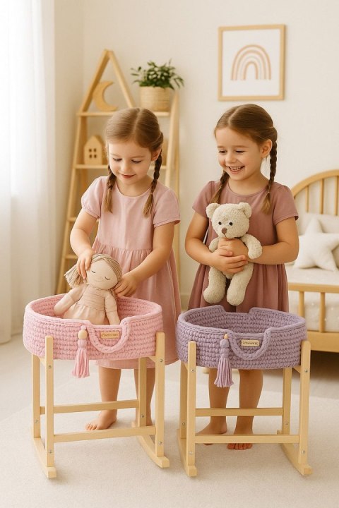 Kosz Mojżesza BOHO bawełniany nosidełko dla lalek z drewnianą kołyską - fioletowy
