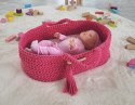 Kosz Mojżesza BOHO bawełniany nosidełko dla lalek z drewnianą kołyską - fuksja