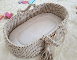 Kosz Mojżesza BOHO bawełniany nosidełko dla lalek z drewnianą kołyską - jasny beż