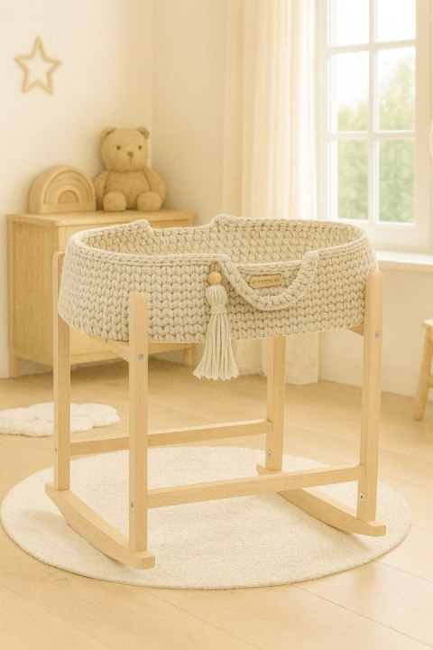 Kosz Mojżesza BOHO bawełniany nosidełko dla lalek z drewnianą kołyską - jasny beż