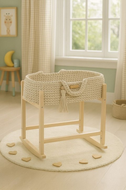 Kosz Mojżesza BOHO bawełniany nosidełko dla lalek z drewnianą kołyską - jasny beż