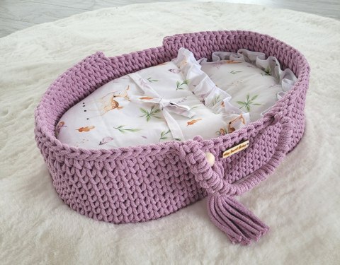 Kosz Mojżesza BOHO bawełniany nosidełko dla lalek z drewnianą kołyską - lawenda