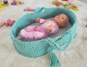 Kosz Mojżesza BOHO bawełniany nosidełko dla lalek z drewnianą kołyską - miętowy