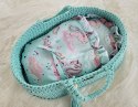 Kosz Mojżesza BOHO bawełniany nosidełko dla lalek z drewnianą kołyską - miętowy