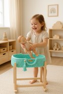 Kosz Mojżesza BOHO bawełniany nosidełko dla lalek z drewnianą kołyską - miętowy