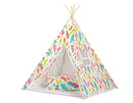 Namiot TIPI dla dzieci + mata + poduszki + zawieszki pióra - Kolorowe piórka