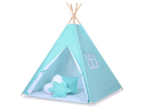 Namiot TIPI dla dzieci + mata + poduszki + zawieszki pióra - Mini rozety miętowe/biały