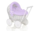 Wiklinowy wózek dla lalek pchacz biały z fioletową pościelką i miękką wyściółką STELLA