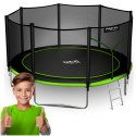 TRAMPOLINA OGROWA CZARNO/ZIELONA ROZMIAR 374 CM Z SIATKĄ ZEWNĘTRZNĄ I DRABINKĄ