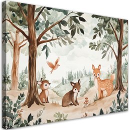 Obraz dla dzieci, Jelonek Ptak Leśne Zwierżeta Beżowy - 90x60