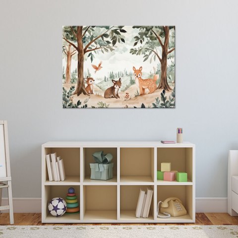 Obraz dla dzieci, Jelonek Ptak Leśne Zwierżeta Beżowy - 90x60 Obraz dla dzieci, Jelonek Ptak Leśne Zwierżeta Beżowy - 90x60