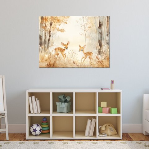 Obraz dla dzieci, Jelonki Zwierzęta w lesie Beżowy - 90x60 Obraz dla dzieci, Jelonki Zwierzęta w lesie Beżowy - 90x60