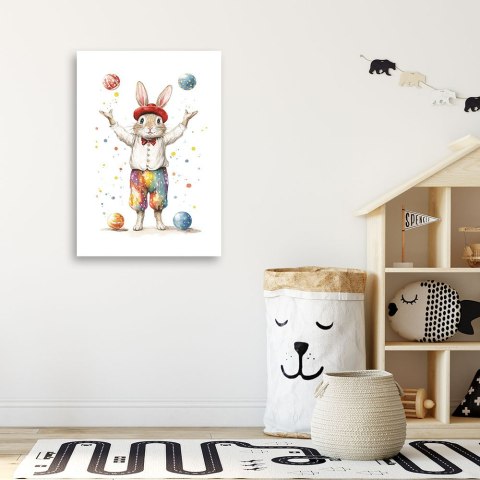 Obraz dla dzieci, Królik Żongler Cyrk Kolorowy - 40x60 Obraz dla dzieci, Królik Żongler Cyrk Kolorowy - 40x60