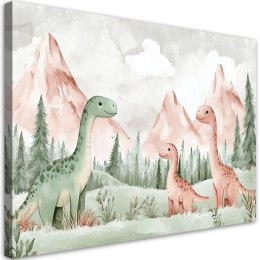 Obraz dla dzieci do pokoju, Dinozaury Góry Las Zielony - 90x60