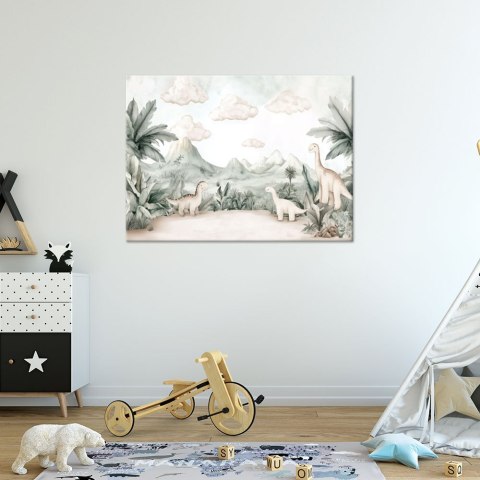 Obraz dla dzieci do pokoju, Dinozaury Jurajski świat w pastelach - 100x70 Obraz dla dzieci do pokoju, Dinozaury Jurajski świat w pastelach - 100x70