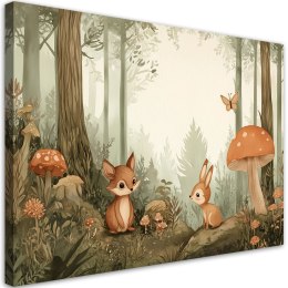 Obraz do pokoju dziecięcego, Leśne Zwierzęta Natura Beżowy - 100x70