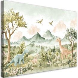 Obraz do pokoju dziecięcego, Wesołe Dinozaury Pejzaż górski - 90x60
