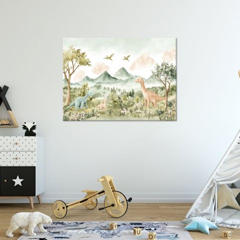 Obraz do pokoju dziecięcego, Wesołe Dinozaury Pejzaż górski - 90x60 Obraz do pokoju dziecięcego, Wesołe Dinozaury Pejzaż górski - 90x60