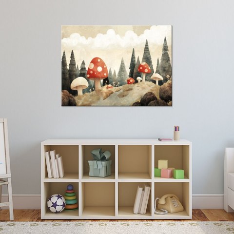 Obraz do pokoju dziecka, Grzyby Las Drzewa Natura Beżowy - 60x40 Obraz do pokoju dziecka, Grzyby Las Drzewa Natura Beżowy - 60x40