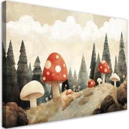 Obraz do pokoju dziecka, Grzyby Las Drzewa Natura Beżowy - 90x60