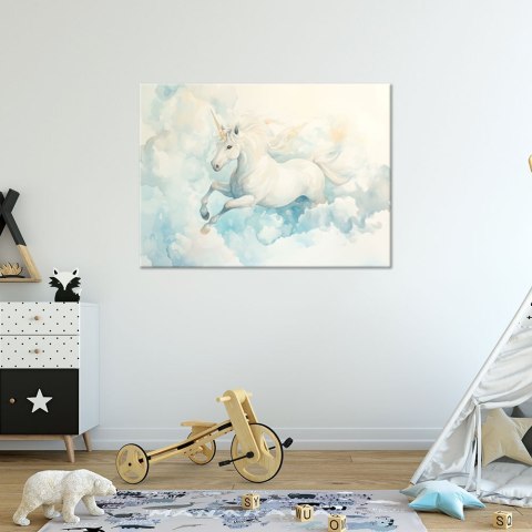 Obraz do pokoju dziecka, Jednorożec w błękitnych chmurach - 90x60 Obraz do pokoju dziecka, Jednorożec w błękitnych chmurach - 90x60