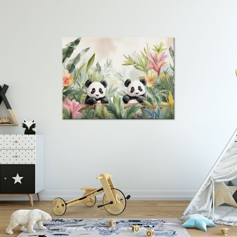 Obraz do pokoju dziecka, Pandy w kwiatach roślinach - 60x40 Obraz do pokoju dziecka, Pandy w kwiatach roślinach - 60x40