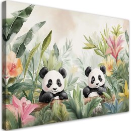 Obraz do pokoju dziecka, Pandy w kwiatach roślinach - 90x60