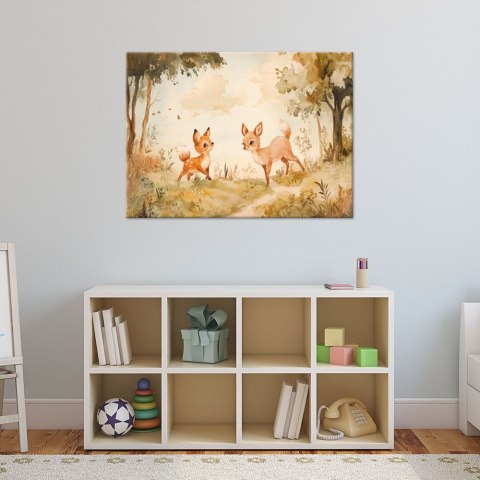 Obraz do pokoju dziecka, Sarenki Zwierzęta w lesie Beżowy - 90x60 Obraz do pokoju dziecka, Sarenki Zwierzęta w lesie Beżowy - 90x60