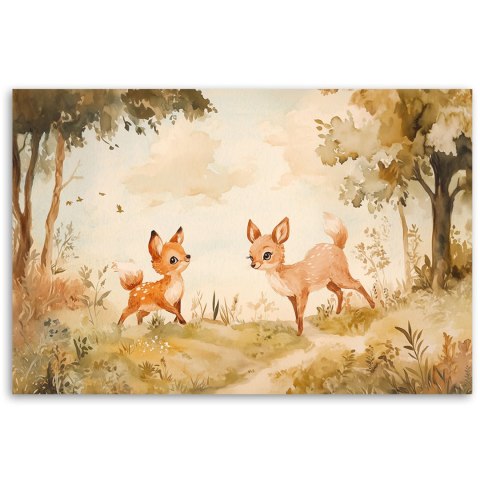 Obraz do pokoju dziecka, Sarenki Zwierzęta w lesie Beżowy - 90x60 Obraz do pokoju dziecka, Sarenki Zwierzęta w lesie Beżowy - 90x60